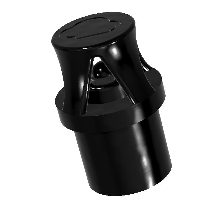 Cloud Buffer TPU 88A impact tip — cap, internal cavity with rebounding half-sphere, and base with retention pin hole